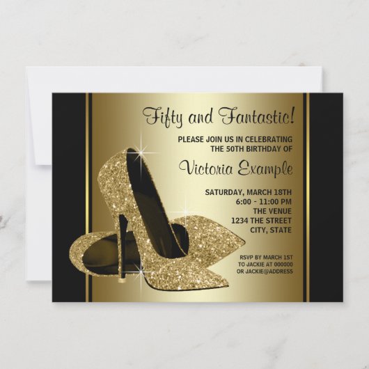 Invitation Femmes Noir Or Haut talons Anniversaire Fête (Devant)