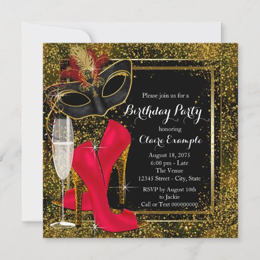 Invitation FEMMES Rouge Noir Or Haut talon Anniversaire fête (Devant)
