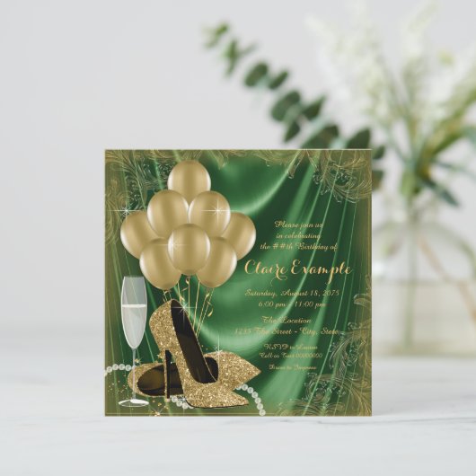 Invitation Femmes Vert et or Anniversaire fête Satin Parties  (Debout devant)