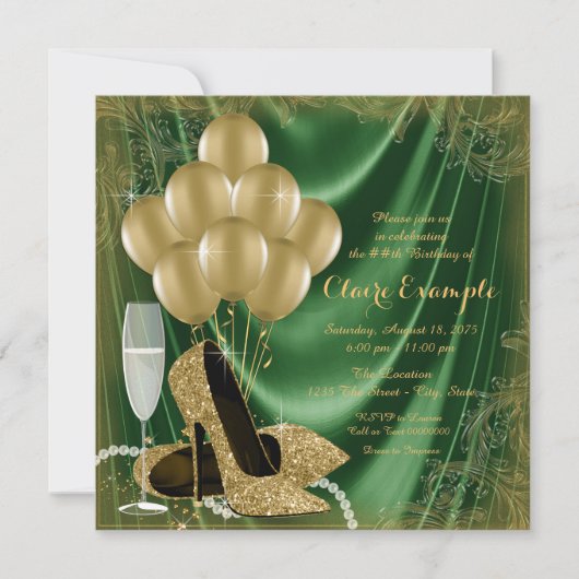 Invitation Femmes Vert et or Anniversaire fête Satin Parties  (Devant)