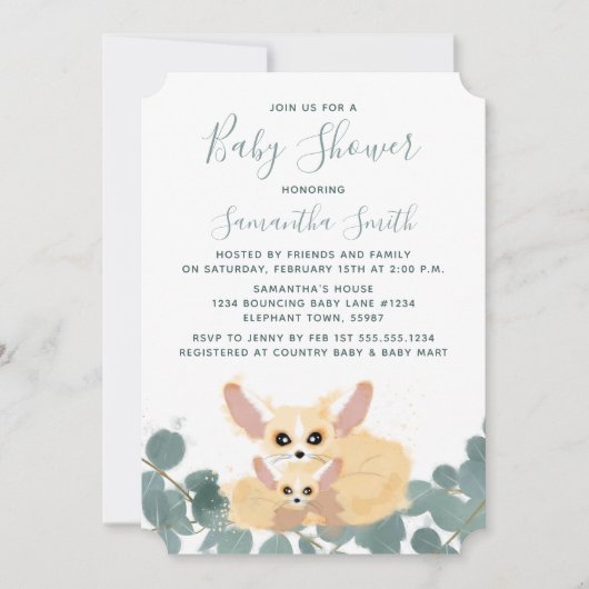 Invitation Fennec Fox Baby shower Aquarelle Verdure (Devant)