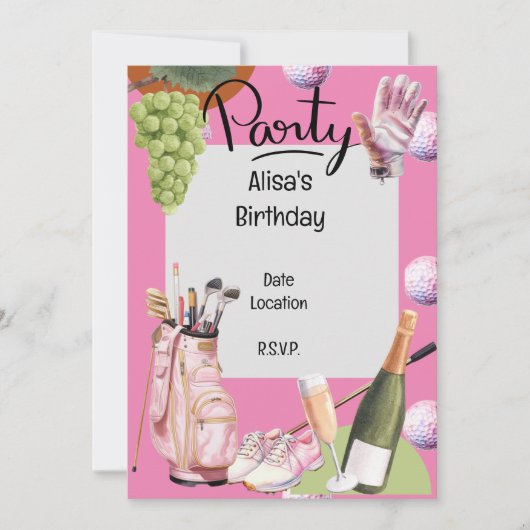 Invitation Fer de golf avec balle partout sur rose pour golfe (Devant)