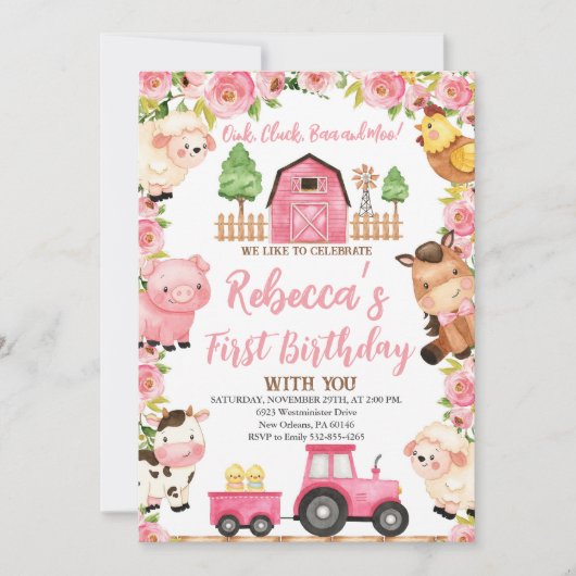 Invitation Ferme 1er anniversaire pour les filles, animaux de (Devant)