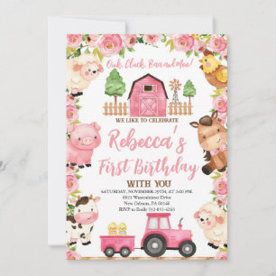 Invitation Ferme 1er anniversaire pour les filles, animaux de
