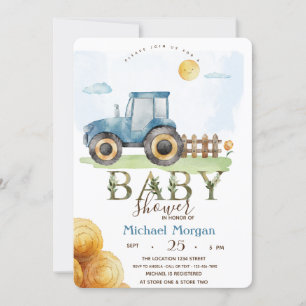 Invitation Ferme à l'aquarelle Tracteur Foin Baby Shower