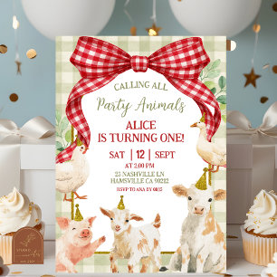 Invitation Ferme Animaux Anniversaire 1 an Ruban Gingham Roug