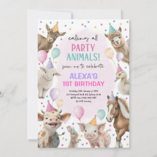 Invitation Ferme Animaux de la Ferme Fille Rose Anniversaire