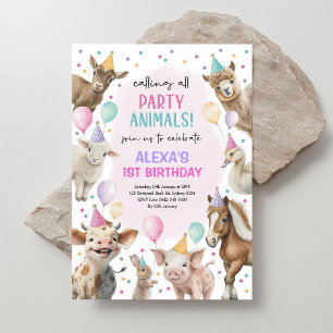 Invitation Ferme Animaux de la Ferme Fille Rose Anniversaire