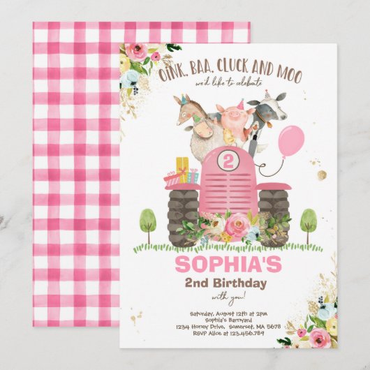 Invitation Ferme Anniversaire Rose Vieux MacDonald Barnyard P (Devant / Derrière)