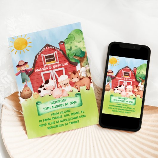 Invitation Ferme Barnyard Animaux Baby shower mignonne