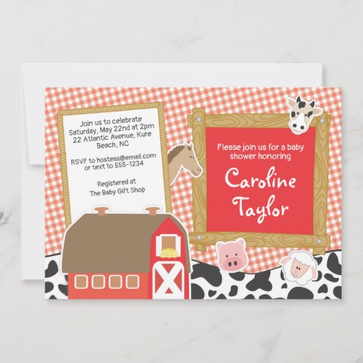 Invitation Ferme Barnyard Animaux Red Boy Baby shower (Devant)