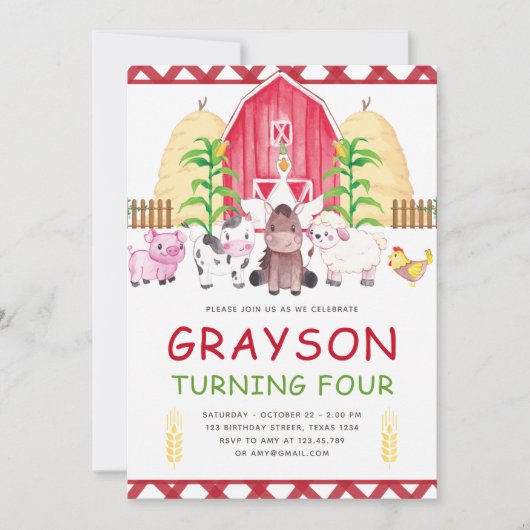 Invitation Ferme d'aquarelle Cute Anniversaire (Devant)