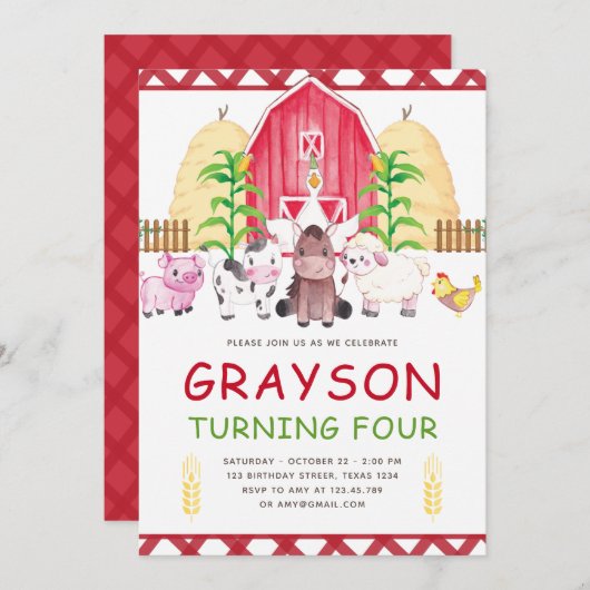 Invitation Ferme d'aquarelle Cute Anniversaire (Devant / Derrière)