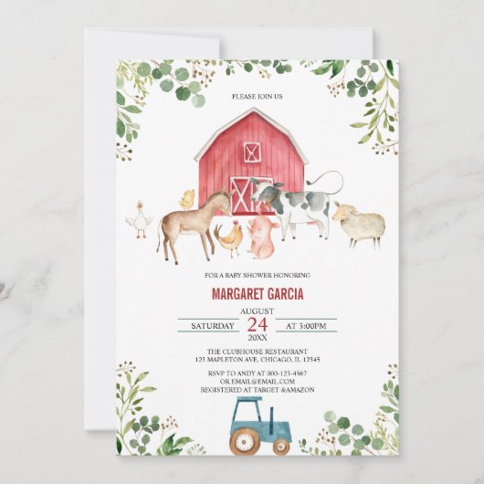 Invitation Ferme de Barnyard Baby shower animal neutre selon (Devant)