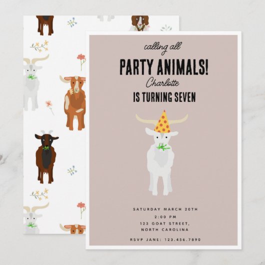 Invitation Ferme de chèvres mignons Thème d'anniversaire de c (Devant / Derrière)