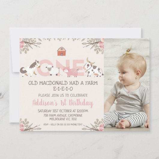 Invitation Ferme de photo rose Floral Ferme 1er anniversaire (Devant)