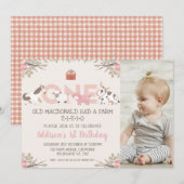 Invitation Ferme de photo rose Floral Ferme 1er anniversaire (Devant / Derrière)