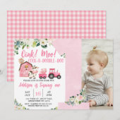 Invitation Ferme de tracteur à grange rose 1er anniversaire (Devant / Derrière)