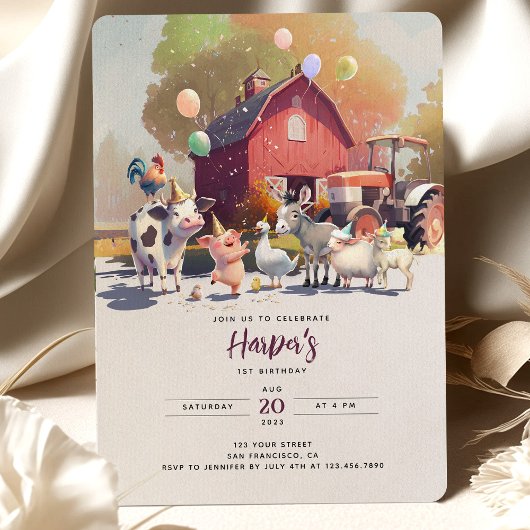 Invitation Ferme de tracteur Animaux de fête d'anniversaire G
