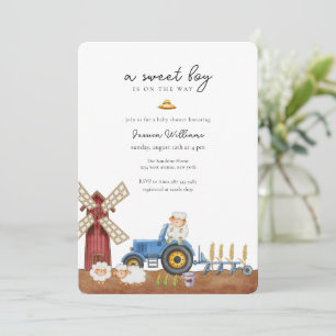Invitation Ferme de tracteur bleu bébé mouton Baby Shower