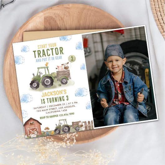 Invitation Ferme de tracteurs verts, fête d'anniversaire Phot