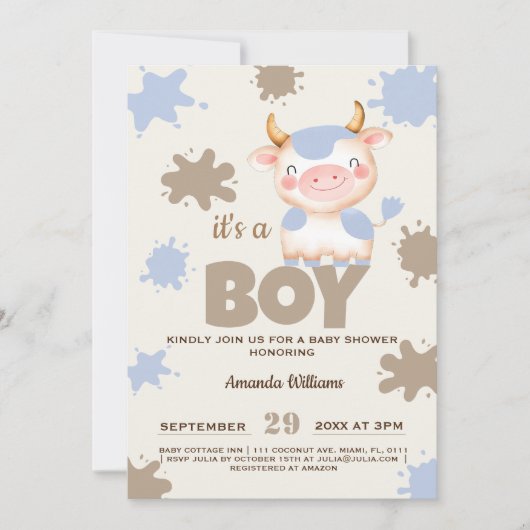 Invitation Ferme de vaches sacrées garçon bébé shower (Devant)