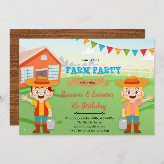Invitation Ferme garçon fille joint (Devant / Derrière)