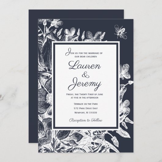 Invitation Ferme mariage Florale Marine & Blanc (Devant / Derrière)