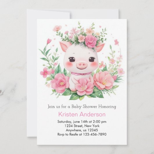 Invitation Ferme Pink Piglet Blissful Baby shower fille (Devant)