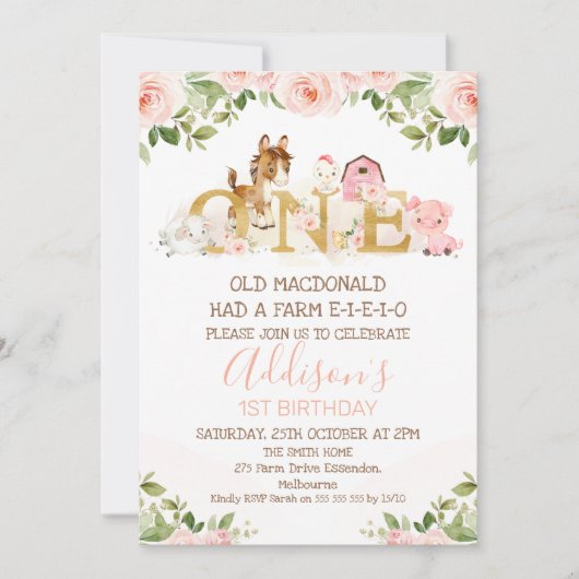 Invitation Ferme rose Floral Girls 1er Anniversaire Invitatio (Devant)