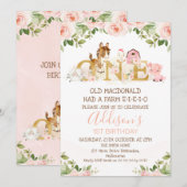 Invitation Ferme rose Floral Girls 1er Anniversaire Invitatio (Devant / Derrière)
