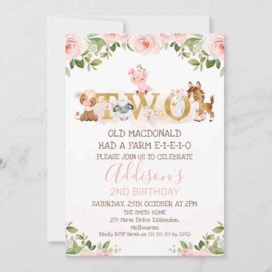 Invitation Ferme rose Floral Girls 2e anniversaire  (Devant)