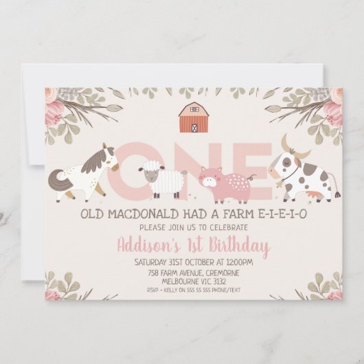 Invitation Ferme rose Florale Ferme 1er anniversaire (Devant)