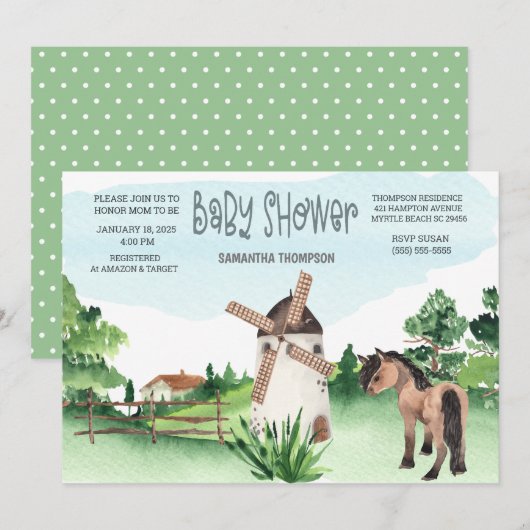 Invitation Ferme Vaisseau de cheval Baby shower animal garçon (Devant / Derrière)