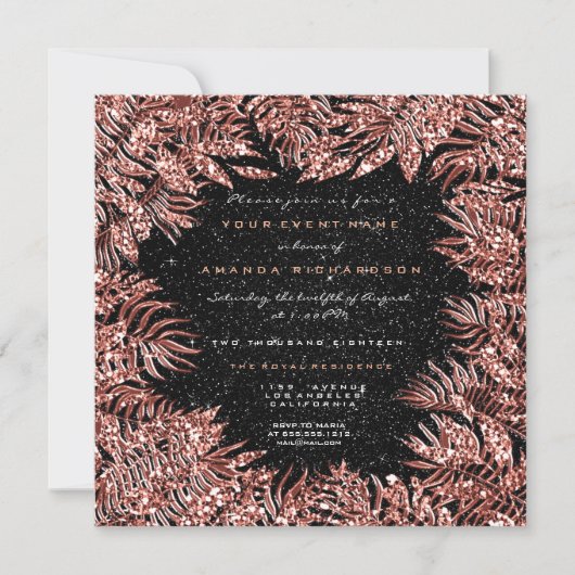 Invitation Fern Feuilles Cadre Rose or cuivre noir Parties sc (Devant)