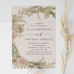 Invitation Fern & Floral Mariage   Boho Soft Warm Taupe + QR