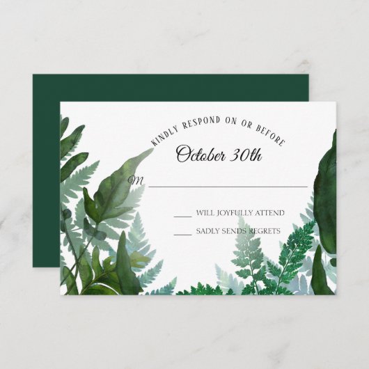 Invitation Ferns Forest Foliage Feuilles de verdure RSVP Mari (Devant / Derrière)