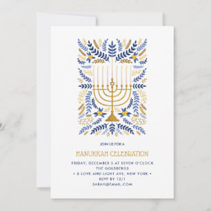 Invitation Festif Aquarelle Menorah Floral Hanoukka PARTY