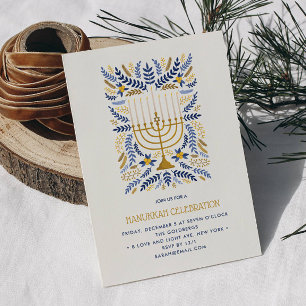Invitation Festif Aquarelle Menorah Floral Hanoukka PARTY