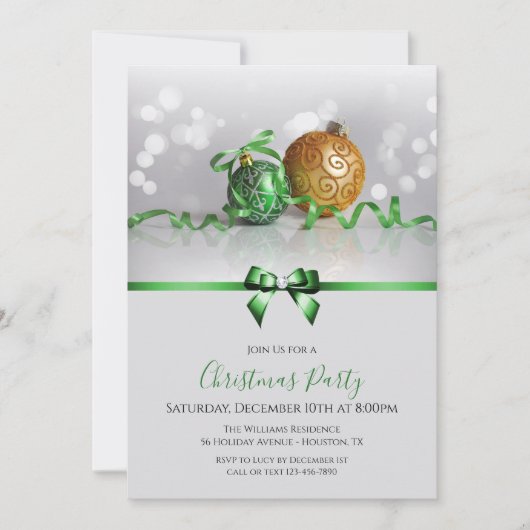 Invitation Festif Baubles, Rubans & Bijoux Bow Noël (Devant)