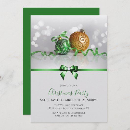 Invitation Festif Baubles, Rubans & Bijoux Bow Noël (Devant / Derrière)