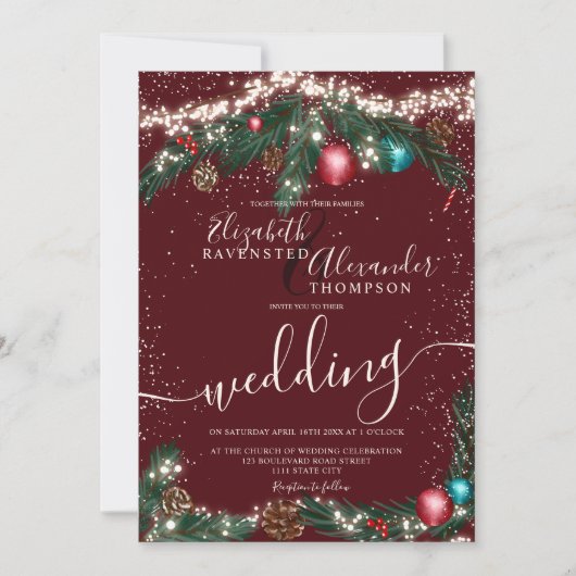 Invitation Festif feux de Noël pin branche neige mariage (Devant)