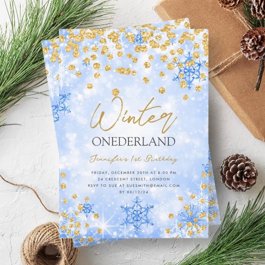 Invitation Festif Gold Blue Winter ONEDERLAND 1er anniversair