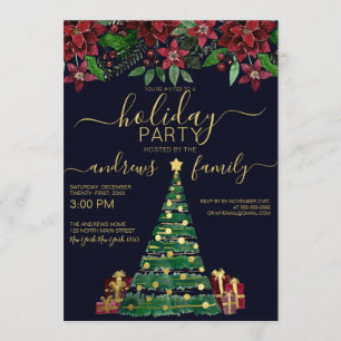 Invitation Festif Gold Holiday Arbre cadeaux Floral Holiday
