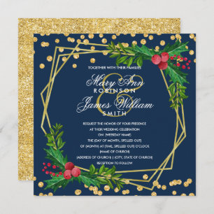 Invitation Festif Gold Holiday Mariage de Noël Holly Navy