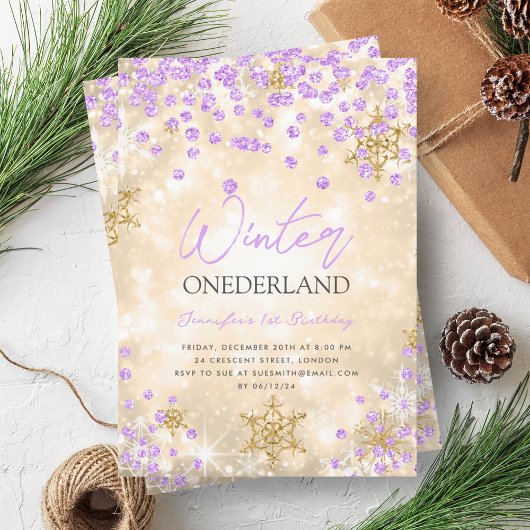 Invitation Festif Gold Purple Winter ONEDERLAND 1er anniversa