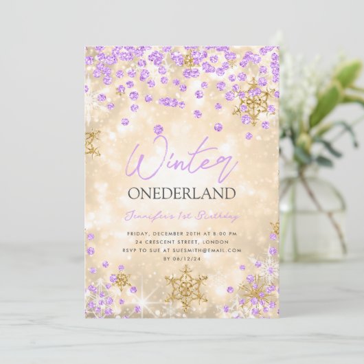 Invitation Festif Gold Purple Winter ONEDERLAND 1er anniversa (Debout devant)