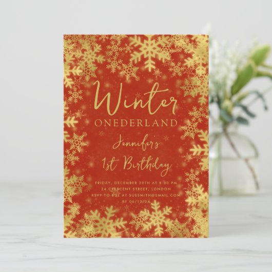 Invitation Festif Gold Red Winter ONEDERLAND 1er anniversaire (Debout devant)