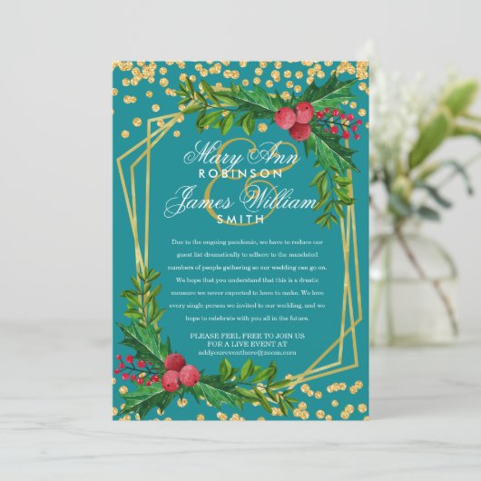 Invitation Festif Gold Réduit Mariage de Noël Holly Turquoise (Debout devant)