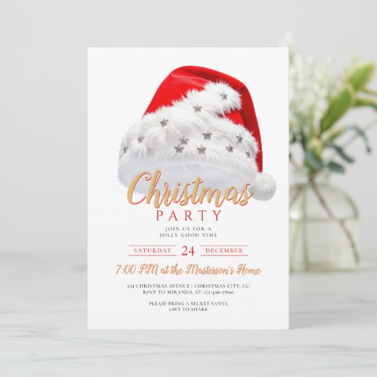 Invitation Festif Gold Script Santa Hat Noël fête (Debout devant)